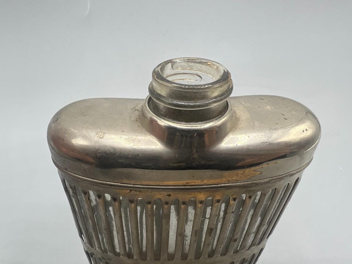 Vintage Metal Stainless Steel Encased Glass Flask Liquor Bottle