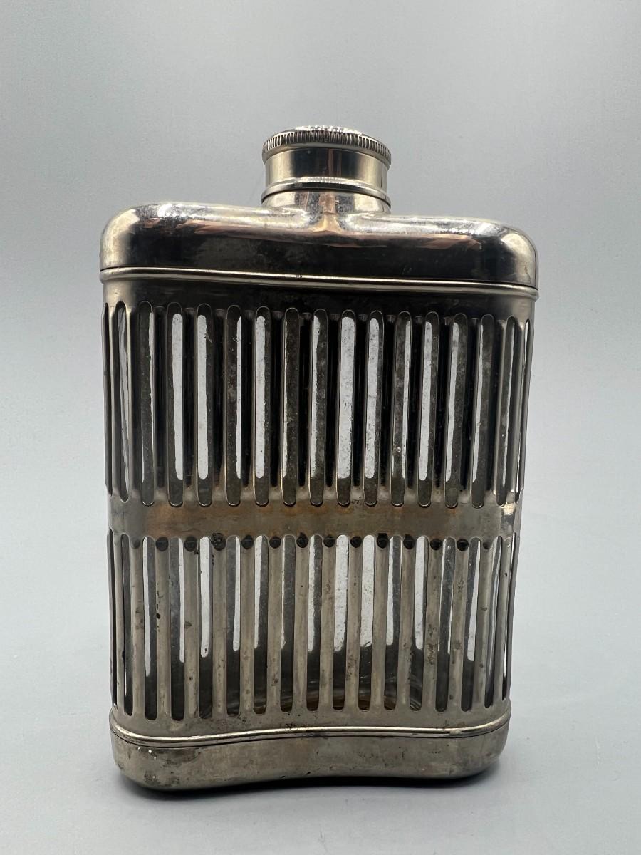Vintage Metal Stainless Steel Encased Glass Flask Liquor Bottle