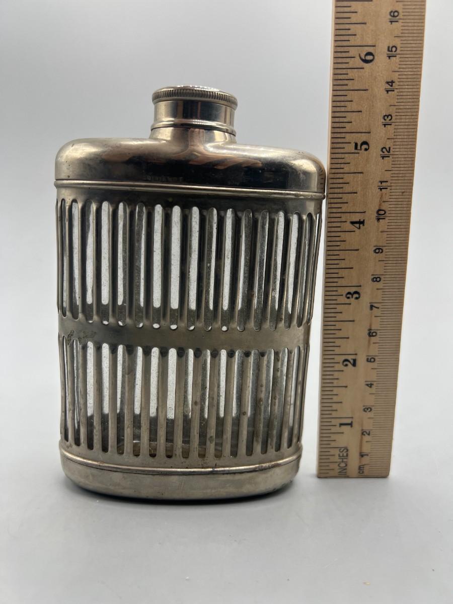 Vintage Metal Stainless Steel Encased Glass Flask Liquor Bottle