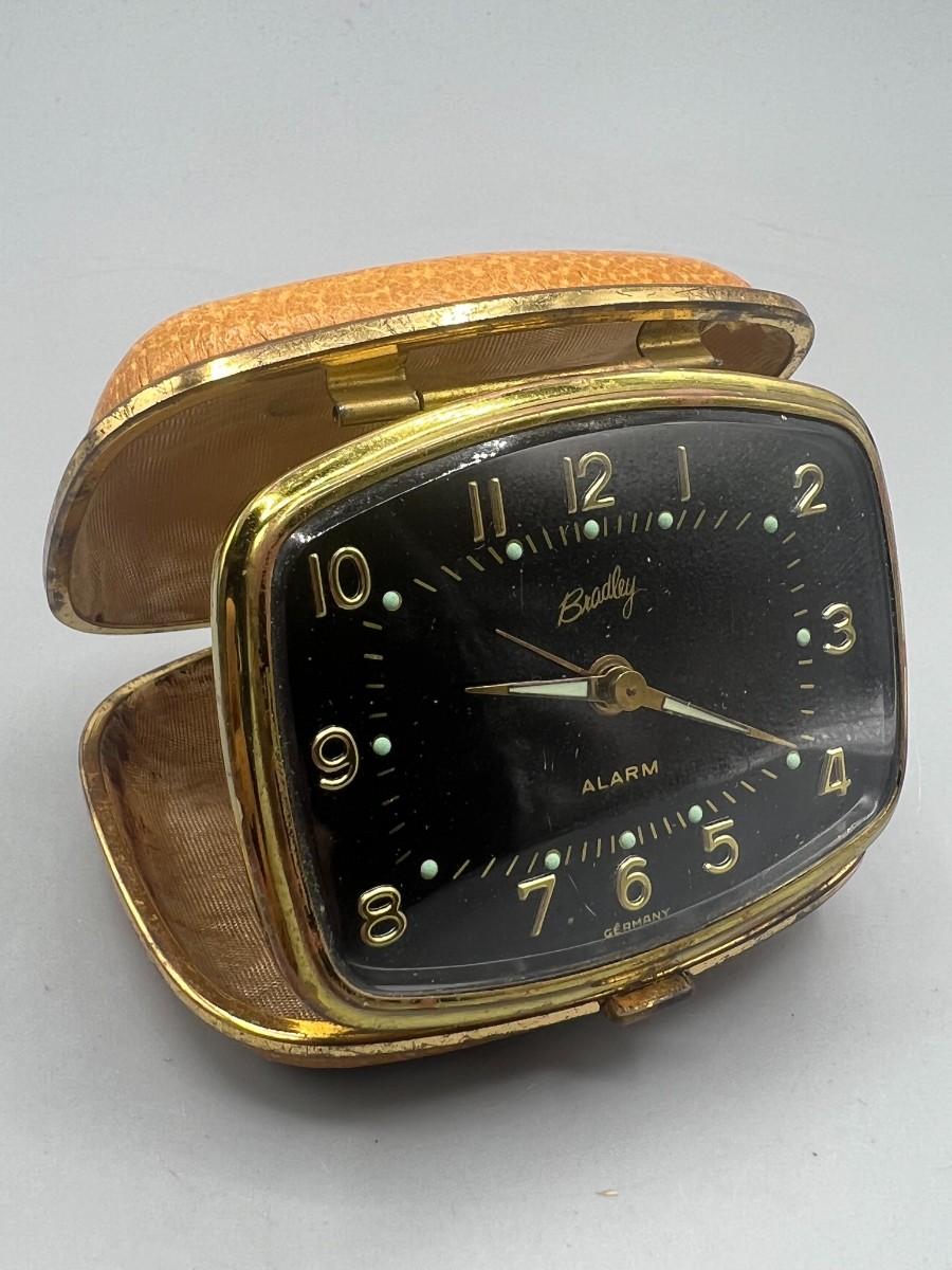 Vintage Bradley Germany Genuine Leather Case Travel Alarm Clock