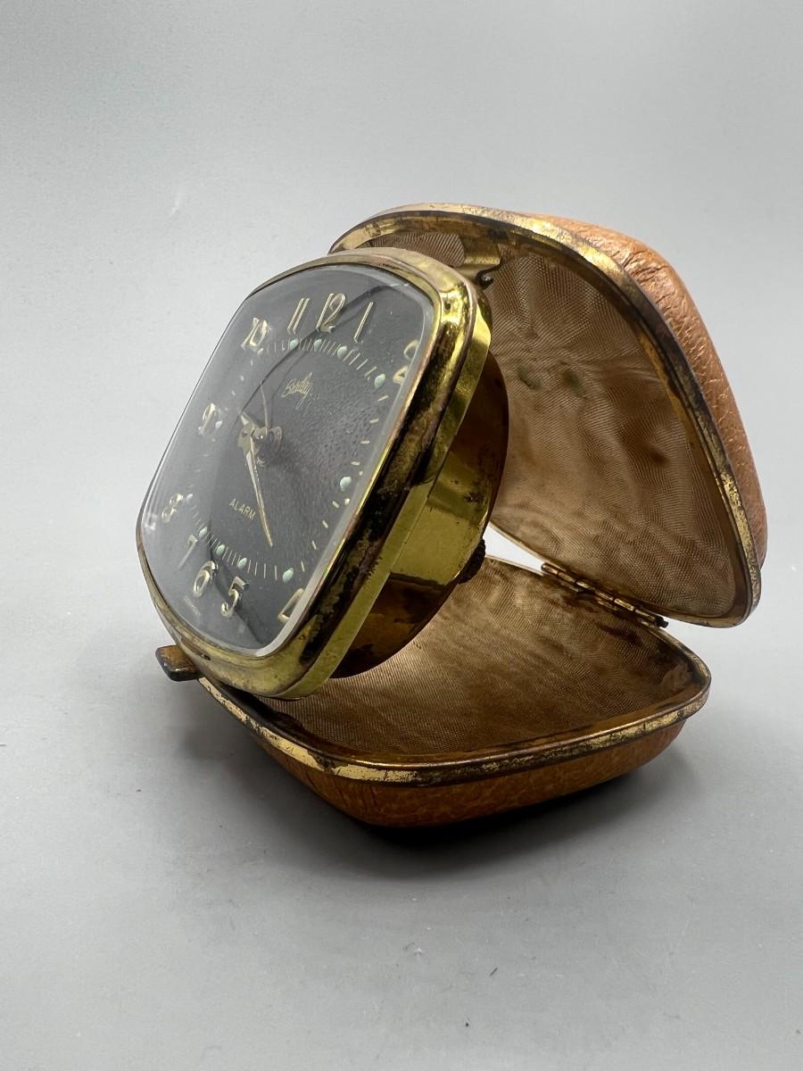 Vintage Bradley Germany Genuine Leather Case Travel Alarm Clock