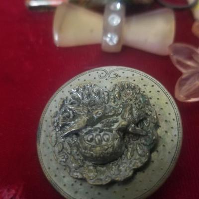 Vintage Sewing Lot - Sterling thimble, needle case, buttons, etc.