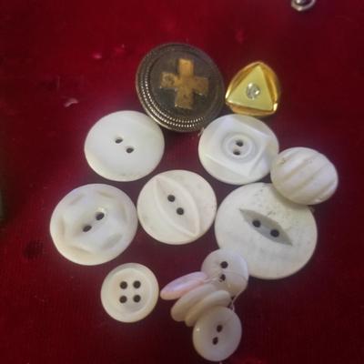 Vintage Sewing Lot - Sterling thimble, needle case, buttons, etc.