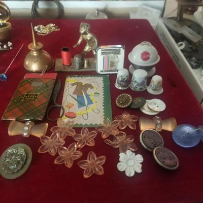 Vintage Sewing Lot - Sterling thimble, needle case, buttons, etc.