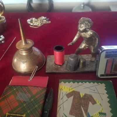Vintage Sewing Lot - Sterling thimble, needle case, buttons, etc.
