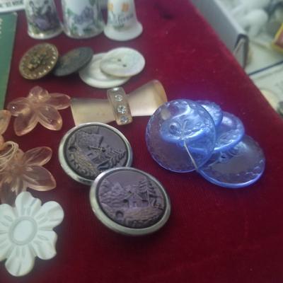 Vintage Sewing Lot - Sterling thimble, needle case, buttons, etc.