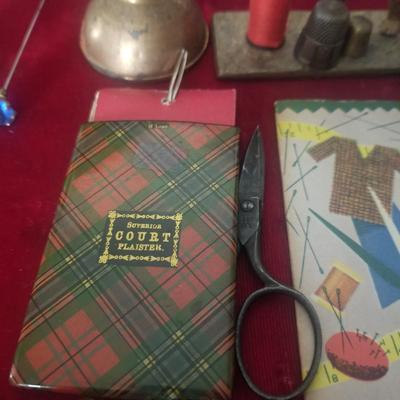 Vintage Sewing Lot - Sterling thimble, needle case, buttons, etc.