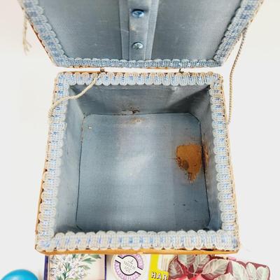 VINTAGE ARRAY OF SEWING SUPPLIES WITH WICKER BASKET