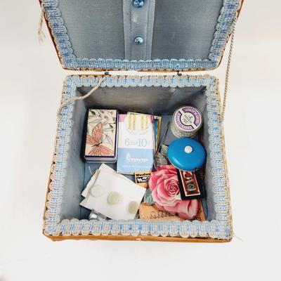 VINTAGE ARRAY OF SEWING SUPPLIES WITH WICKER BASKET