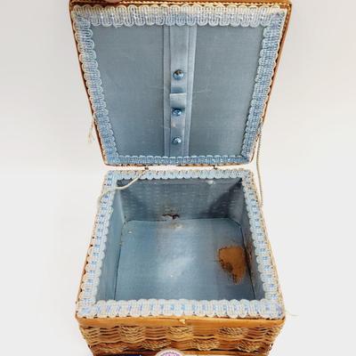 VINTAGE ARRAY OF SEWING SUPPLIES WITH WICKER BASKET