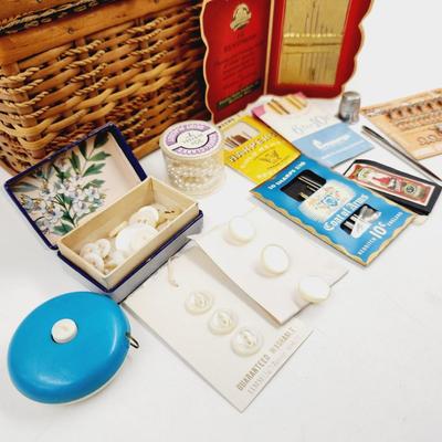 VINTAGE ARRAY OF SEWING SUPPLIES WITH WICKER BASKET