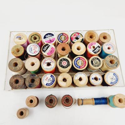 VINTAGE ARRAY OF WOODEN SPOOLS OF THREAD #2