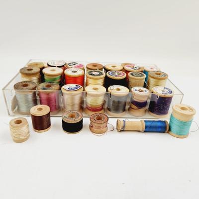 VINTAGE ARRAY OF WOODEN SPOOLS OF THREAD #2
