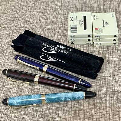 Lot 24 Group 3 Gullor Fountain Pens w/ 6 Boxes Cartridges 18k Gold Plated Nibs