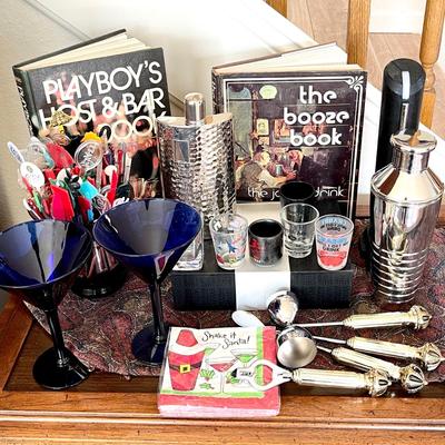 Lot 93 Bar Supplies Books Swizzle Stick Collection Glasses Shakers Flask Napkins