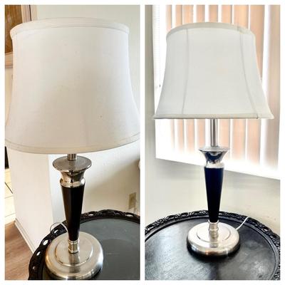 Lot 94 Pair Contemporary Table Lamps Black & Silver Linen Shade 25" tall
