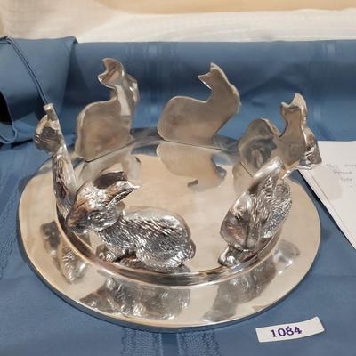 Silver tone candle holder with rabbits