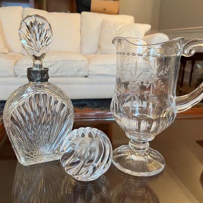 Lot of 3: Etched glass pitcher, Glass Decanter & Small Glass swirl Candle holderÂ 