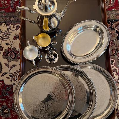 Lot of 6: Silver Plated Tea set,(Pot, sugar, creamer) 1 bowl & 2 plates