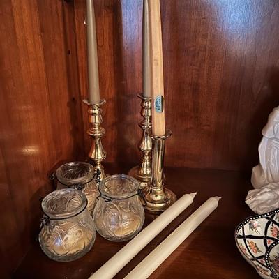 Set of 1: 5 Candles, 3 Bladwin Gold plated Candlesticks, 3 glass Votive Holders
