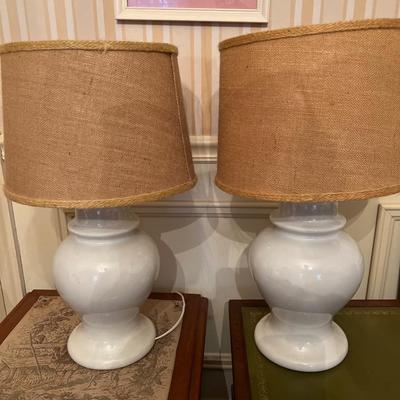 2 White Lamps with Woven Shades