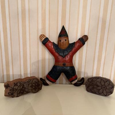 Set of 3. Wooden Clown + 2 Old Metal Print Block