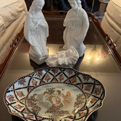 Lot of 4: White Ceramic Holyl Family 3 pc, Andrea by Sadet Floral & Angel Victoria Bowl