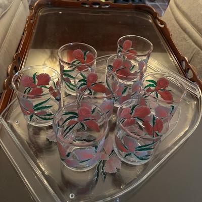 Culver Plastic Floral set of 8 Cold drink cups set tray & 4 plastic wine glasses
