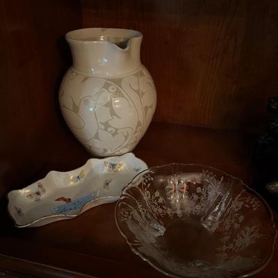 Lot of 3: Glazed Bird Pottery Pitcher, Floral Etched 3 footed Glass bowl, Limoges France Butterfly rectangular bowl