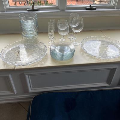 Glass Lot: 9 Plates, 7 bowls, 2 etched platters, 2 red wine, 2 white wine, 3 champs, 1 port glassk