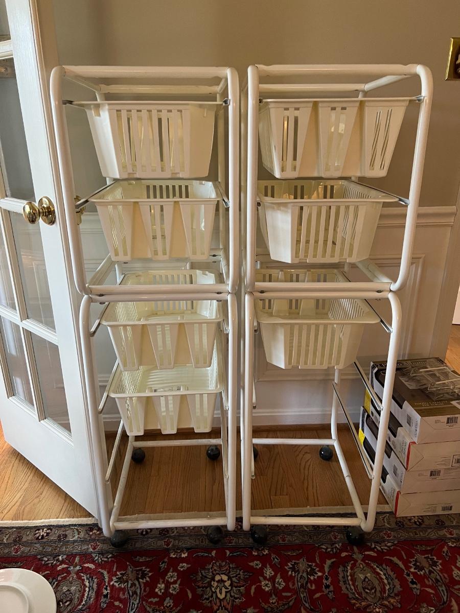 Lot of 2 Ikea Metal shelves with 7 slide out hanging baskets