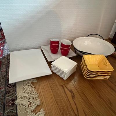 Lot of 25: large Thailand made bowl w/ metal holder, Square Rumba by Sakura Platter, Chantal Plates, 6 red Crate & Barrel dessert...