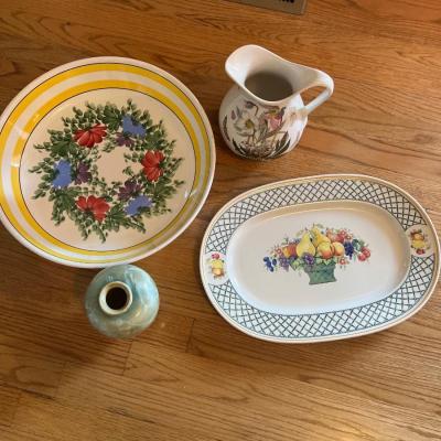 Lot of 4: Villeroy & Boch Ceramic Fruit Basket Platter, Botanic Garden Floral Pitcher, Green Pearl Floral Vase, Floral Gary Vallenti...