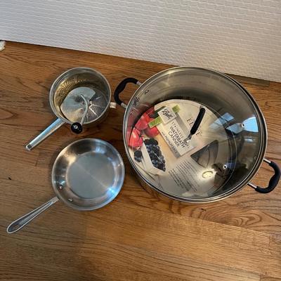 Lot of 3: Stainless Steel Waterbath Canner with lid, Ricer, All clad small fry pan