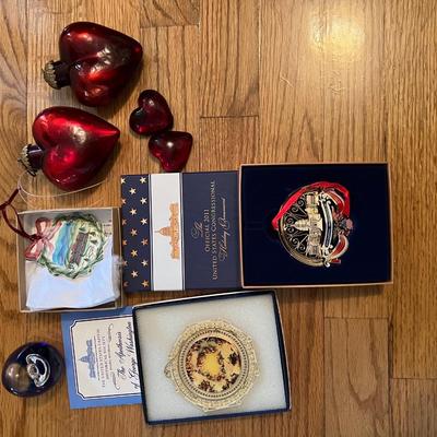 Lot of 8: 2 red heart ornaments, 2 small red tchochke's, 1 Dynasty Gallery Blue water drop paper weight, 2 congress ornaments, 1...