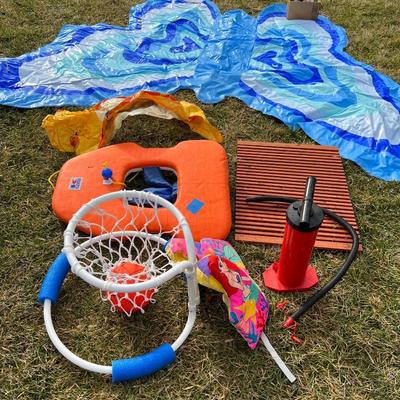 Lot of 8 Assorted Pool toys: Basketball & net, teak shower drain vent, childs little mermaid life vest, 2 childrens rafts, 9ft funboy...