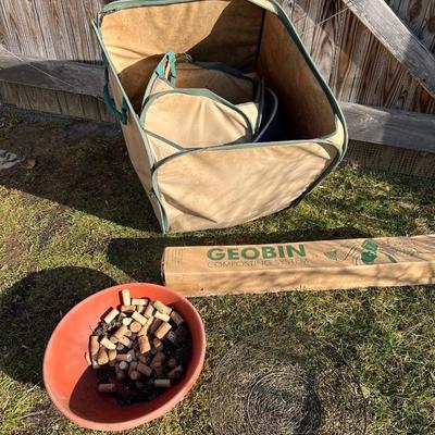 Lot of 4: GeoBin Composting System, Green Leaf Bags various sizes S, M, L, Plastic flower pot & Wire bowlÂ 