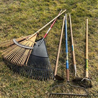 Assorted Garden Equipment Lot of 6: 1 bamboo rake missing 3 prongs, 1 plastic rake, 1 hoe, 1 spade