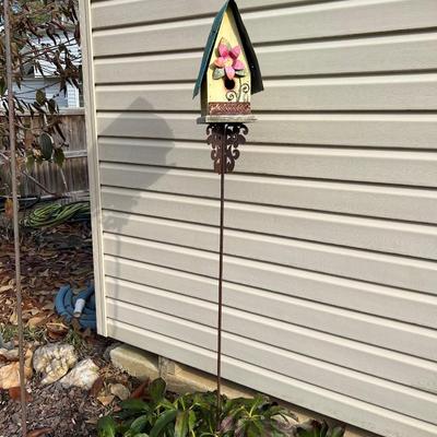 Lot of 5: Garden art: Distressed birdhouse, 2 large plant hooks 2 plant small Hooks