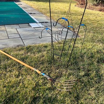 Lot of 8: 6 Shepard hooks, 1 wire basket, & 1 pitchfork