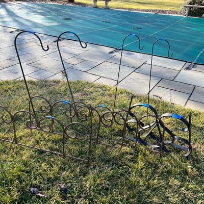 Lot of 9: 4 Sheperd hooks, 3 pieces wrought iron fence, 2 wrought iron structural peices
