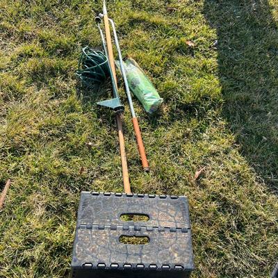 Lot of 6 Misc Garden: treestake kit, watering sprinkler, baby hoe, weed hound, extension chord, stool