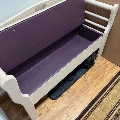 White Wood Chest bench with plaid cushion