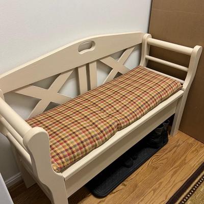 White Wood Chest bench with plaid cushion
