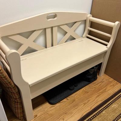 White Wood Chest bench with plaid cushion