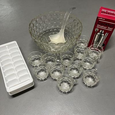 Lot of 4: Punch Bowl w/ 12 glasses and Ladel in box, Cocktail Shaker, & 2 white icecube trays