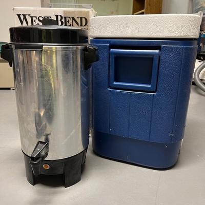 Lot of 2: West Bend 7 Liter Coffee Pot in box, Blue Coleman Beverage 5 Gallon Cooler