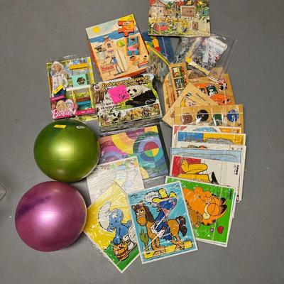 Large Lot: Box of 22 VTG/Retro (Playskool, Fischer Price) mostly wood puzzles, New Beekeper Barbie, 2 bouncy balls