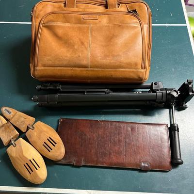 Lot of 5: Velbon Victory 451 Tripod,1 VTG Leather Hartmann briefcase, 1 Georgetown Leather Travel Tie case, 2 Bally Shoe stretchersÂ 