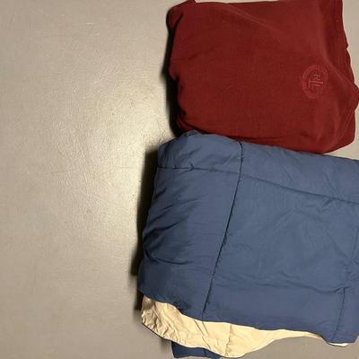 Lot of 2: 1. Tan & Blue Poly Filled Queen size Comforter 2.Queen Size Ralph Lauren Maroon Fleece Throw Blanket with Logo